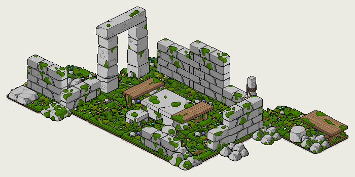 A mossy Deepgrove courtyard with a stone arch, ruined walls, tables and benches.