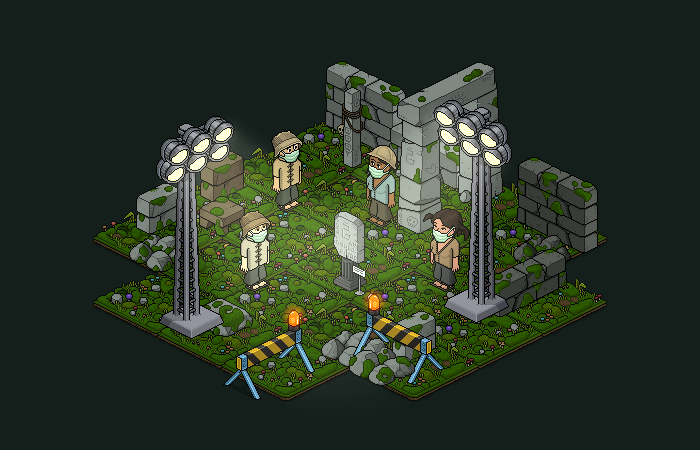 Masked Habbos approach the Glukko Tablet in a Deepgrove excavation, with two floodlights aimed at the relic and construction barriers among the broken walls.