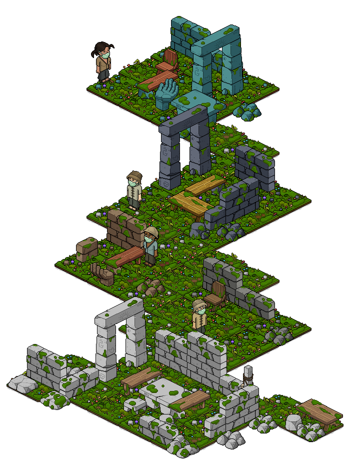 Four masked Habbos explore ruins extending behind the original pale-stone Deepgrove courtyard, with dark and brown walls, an obsidian and gold courtyard, and a teal and copper courtyard.