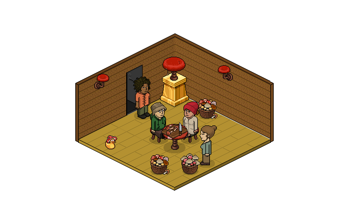 A wood-panelled Habbo room furnished with Spore Patrol rewards: two Habbos sit on spotted Mushroom Stools at a Mushroom Table with a Chopping Board, while others stand beside Mushroom Baskets, a Mushroom Desk Lamp, two Mushroom Wall Lamps and a Mushroom Duck.