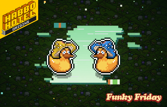 The Yellow Mushroom Duck and the Blue Mushroom Duck face each other over a glowing green panel on a mossy Deepgrove floor, with the Habbo Hotel Origins and Funky Friday logos.