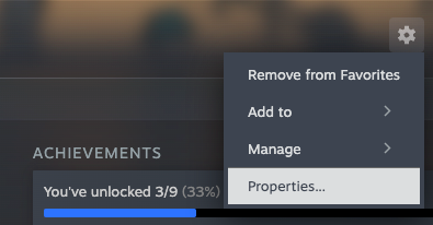 Steam game page with the gear menu open and Properties... highlighted.