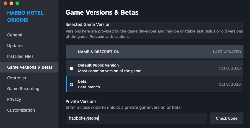 Steam Properties window for Habbo Hotel: Origins on the Game Versions & Betas page, with habbokeystone entered under Private Versions.