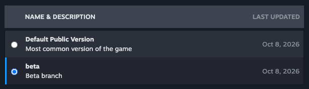 Steam version list with the beta branch selected.