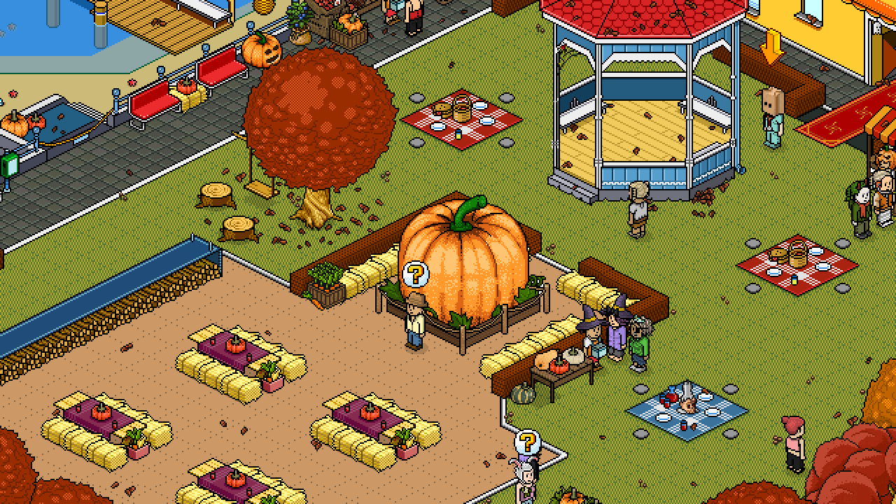 A giant pumpkin beside a straw-bordered growing patch, with Habbos, a gazebo and autumn trees in the Harvest Grounds.